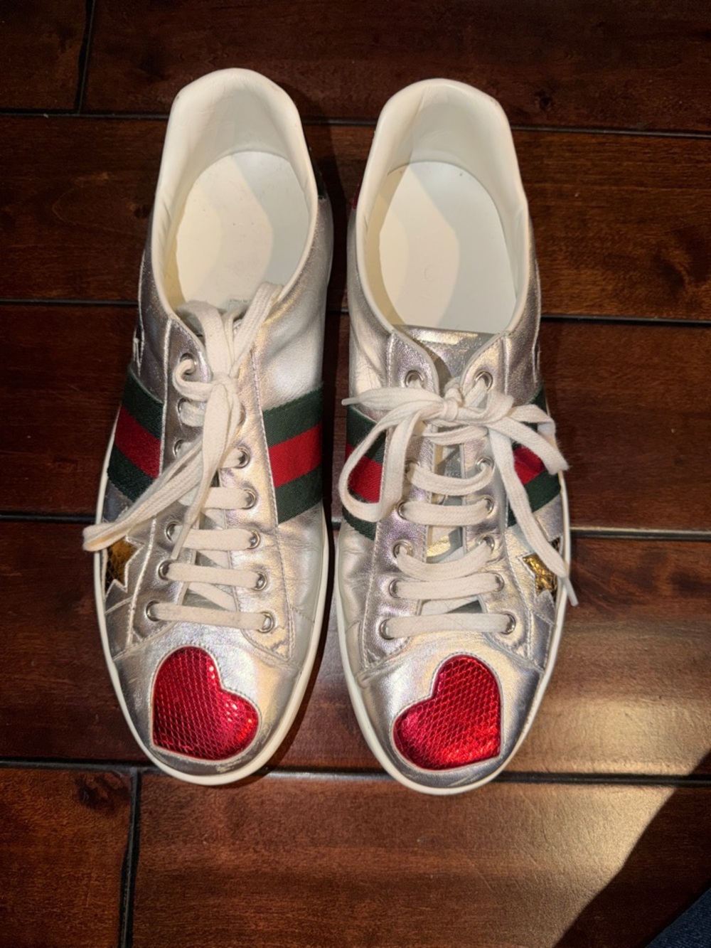 Gucci Silver Metallic Sneakers with Red Heart Toe Accents